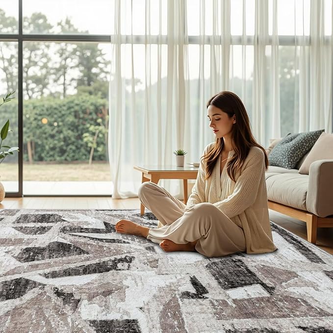 Modern Abstract 8X10 Area Rug for Living Room Bedroom Washable, with Non-Slip Rubber Backing Print Faux Wool Thin, Grey Throw Large Carpet for Kids Playroom Dining Room Pet & Child Friendly