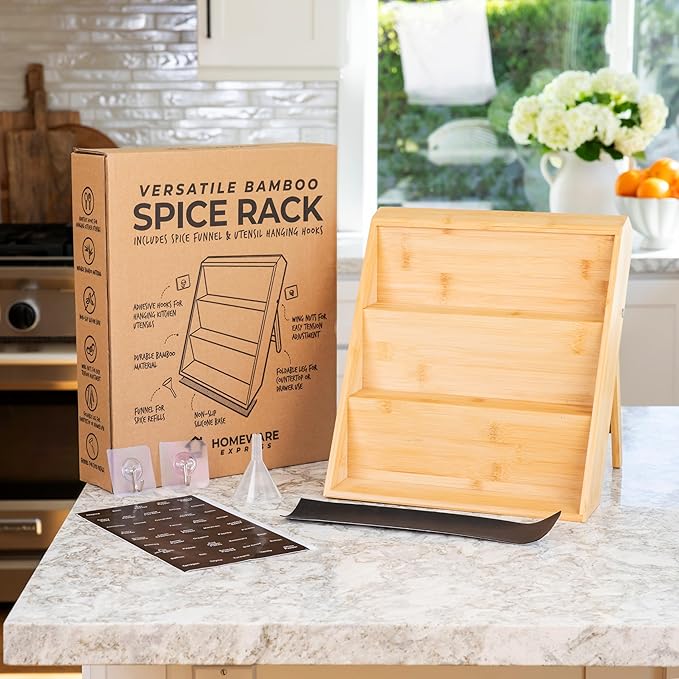 Extra Sturdy 3-Tier Bamboo Spice Rack – 12" W x 10" D x 13" H – Foldable Non-Slip Wooden Spice Organizer for Countertop, Cabinet & Drawer – Includes Labels, Funnel & Hooks – Spice Jars NOT Included