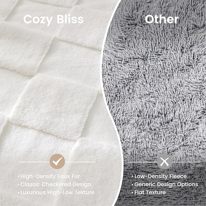 Cozy Bliss Checkered White Faux Rabbit Fur Throw Blanket, Soft Fuzzy Fluffy Minky Cream Furry Blankets for Couch, Bed (50 * 60 Inches Ivory)