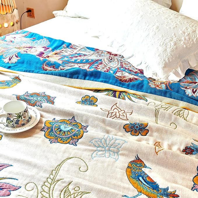 Boho Throw Blanket, 100% Organic Cotton Breathable Ultra Soft Bed Quilt Throw - All Season Floral Bird Butterfly Farmhouse Decor Blanket for Sofa Couch Chair and Gift. 60" x 80"