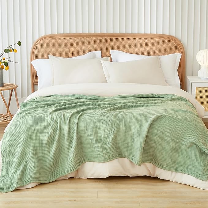 EMME Cotton Throw Blanket for Couch Soft Airy Muslin Bed Blankets Lightweight Breathable Blanket All Season Gauze Blanket, Sage Green