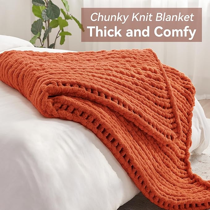 Chunky Knit Throw Blanket, 50''*60'' Fall Throw Blanket Knitted Chenille Yarn for Bed Couch, Handmade Orange Crochet Big Thick Blanket, Machine Washable Cute Comfy Blankets for Home Decor