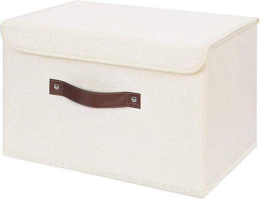 ANMINY Storage Bin with Lid Storage Boxes with PU Leather Handles PP Plastic Board Decorative Foldable Lidded Cotton Linen Fabric Home Cubes Baskets Closet Organizer Container - Beige, Large Size