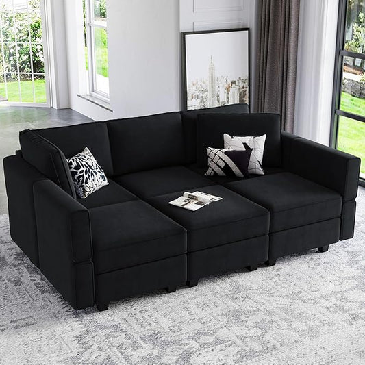 Belffin Modular Velvet Sectional Sofa with Chaise Lounge Sectional Sleeper Sofa with Storage Chaise Sofas Bed Couch for Living Room Black