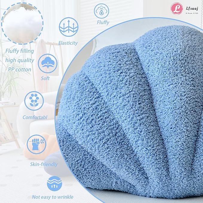 Dusty Blue Seashell Throw Pillows, Shell Shaped Throw Pillows, 13 Inch Soft Home Decorative Pillow Plush Cushion for Bed Couch Living Sofa Room Decor Accent Throw Pillow