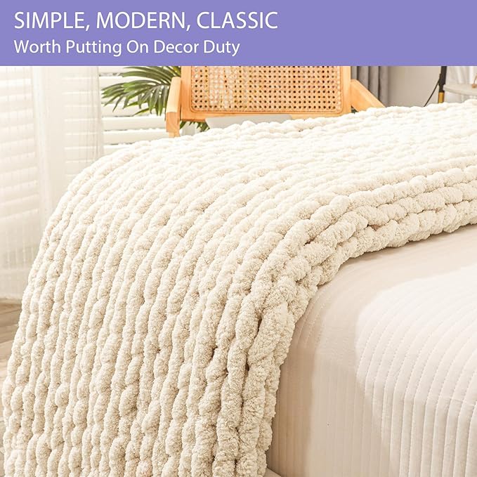 Bigacogo Chunky Knit Throw Blanket for Couch, 40x60 inches, 100% Hand Knitted with Thick Jumbo Chenille Yarn, Cozy Soft Large Rope Knot Cable Crochet Blankets for Sofa Bed Living Room, Beige