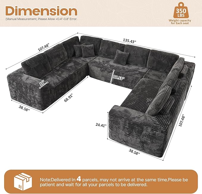 Cloud Sectional Couches for Living Room,U Shaped Modular Sofas No Assembly,135x107 Inches Plush Corduroy Oversized Floor Couch Set with Deep Seat Chaise,Grey