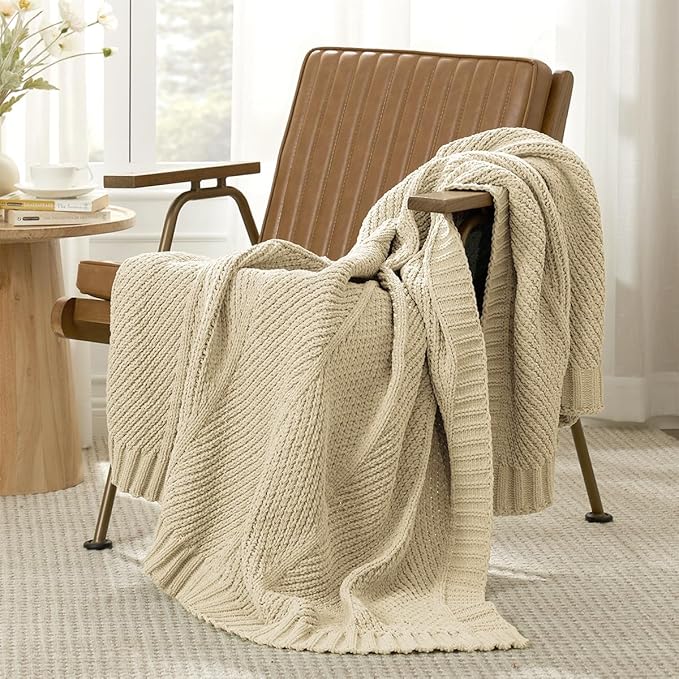 Amélie Home Chenille Knit Throw Blanket for Couch, Chevron Texture Decorative Soft Blanket for Sofa, Bed & Chair, 60"x80", Beige