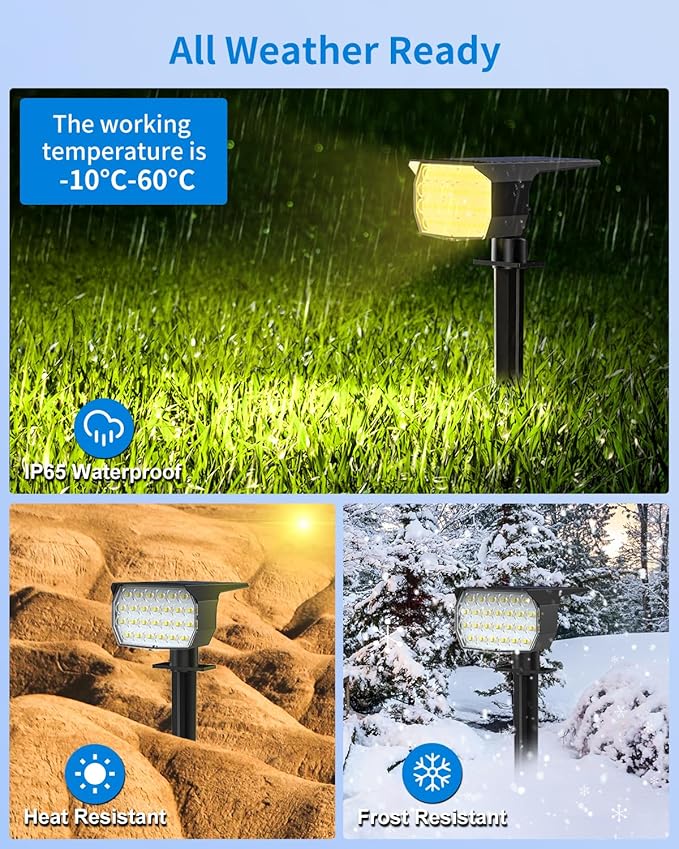 3 Colors Solar Lights Outdoor Waterproof IP65 Outdoor Spot Lights for Yard 52 LEDs 600LM Solar Powered Landscape Spotlights Solar Security Wall Lights for Garden Pathway Outside- 2 Pack