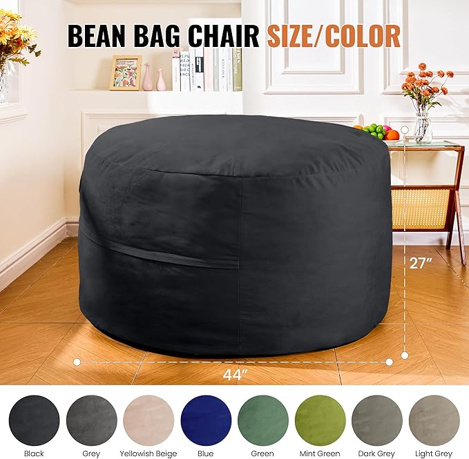 4FT Bean Bag Chair: Bean Bag with Velvet Cover, Fluffy and Comfy Bean Bag Chairs for Adults and Kids, Bean Bag Sofa Filled with High-Density Sponge for Gaming (Black)
