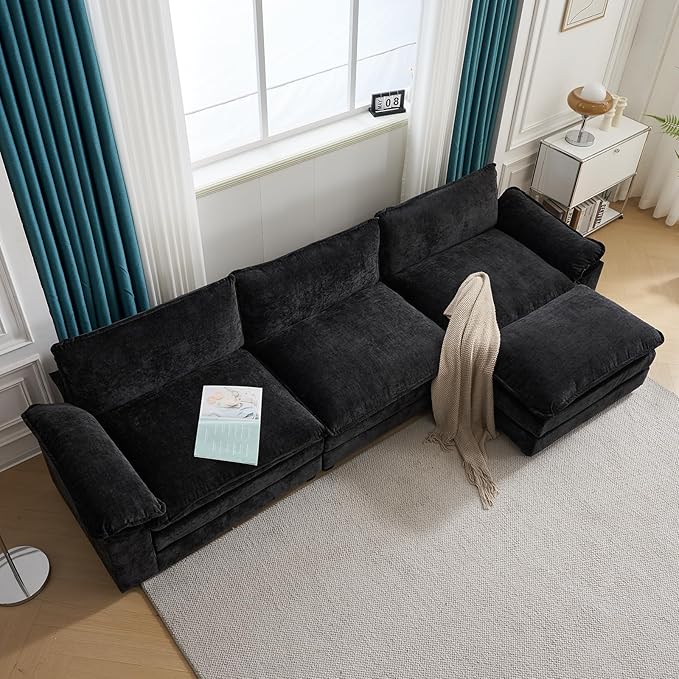 Karl home Sectional Sofa Modular Deep Seat Sofa Couch with Ottoman, Chenille Sofa Sleeper Comfy Upholstered Furniture for Living Room, Apartment, Studio, Office, (3-Seat & 1-Ottoman, Black)