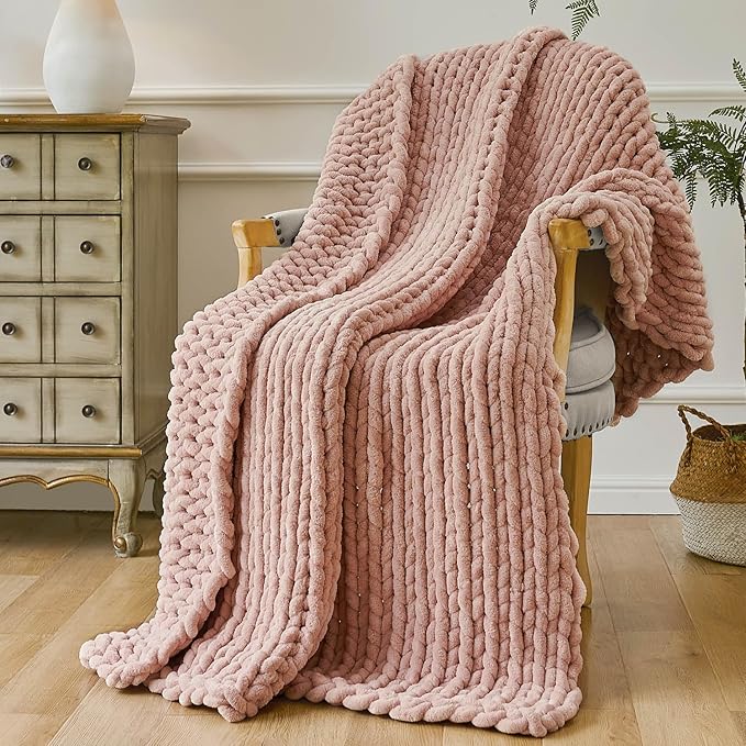 Esterra Chunky Knit Throw Blanket Newly Upgraded Heavy Tighter Version, Handmade Chenille Throw Super Soft, Thick Yarn Cable Knit Crochet Throw Blanket for Couch Bed Sofa, 50" x60, Coral Pink