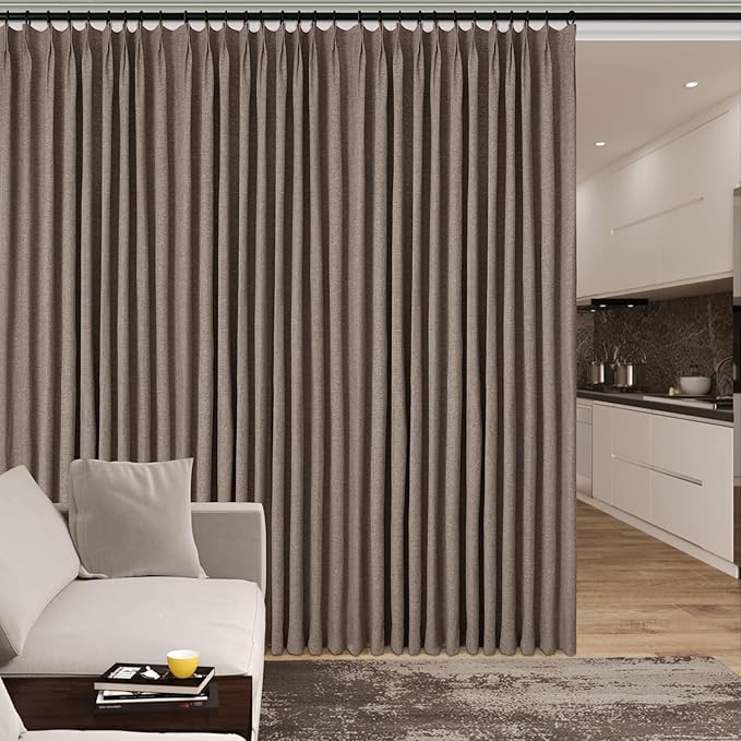 150 Inches Extra Wide Room Divider Draperies, Pinch Pleat Drapes, Absolutely Blackout Sliding Door Drapery, Total Privacy Ceiling Track Curtains, 150" W by 84" L, Light Brown (1 Panel)
