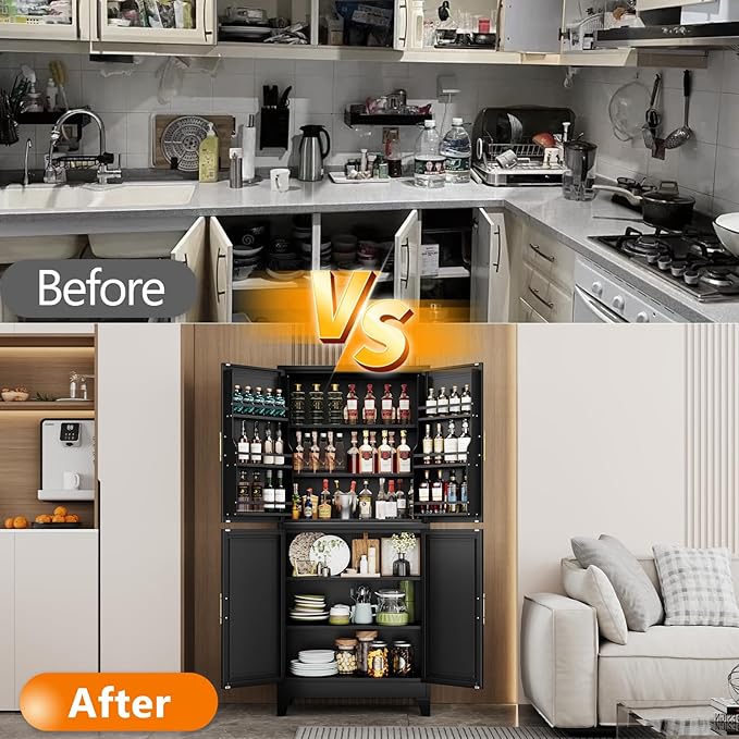 74.8" Tall Metal Food Cabinet, Black Kitchen Pantry Cabinet, Storage Cabinets with 4 Door and 4 Adjustable Shelves, Steel Freestanding Cupboard for Kitchen Dining Room Living Room Bathroom