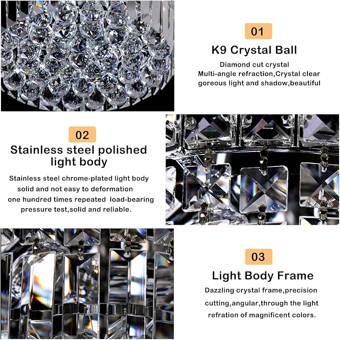 4-Light Crystal Flush Mount Chandelier Light Fixture with K9 Crystals Modern Ceiling Lights Elegant Pendant Lamp for Bedroom,Hallway,Bar,Living Room,Dining Room,H5.9 xW13.7(Bulbs Not Included)