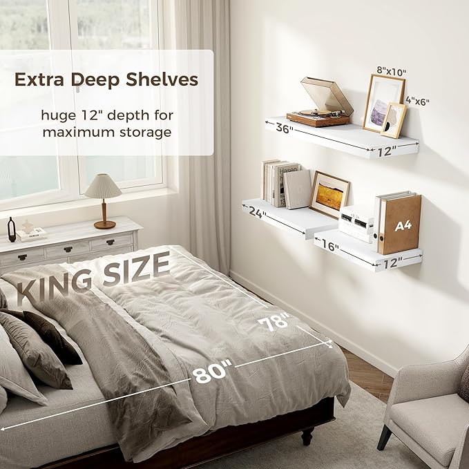 12 Inch Deep White Floating Shelves, 24 x 12 Floating Shelf for Books, Rustic Wood Deep Wall Shelves for Home Storage & Display, 2" Thicked Shelves for Kitchen, Living Room, Bedroom, 1 Pack