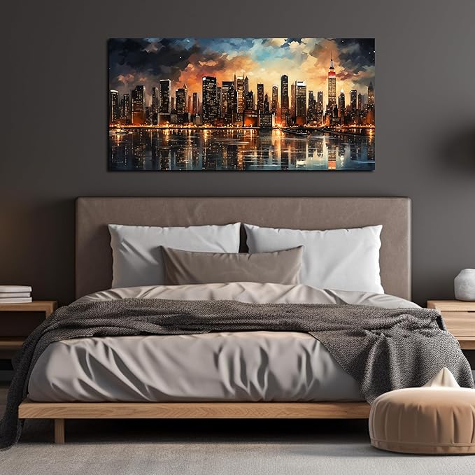 New York Skyline Wall Art for Living Room Modern Canvas Wall Art for Bedroom Above Bed Large Art Work for Office Walls 24 x 48 Inch