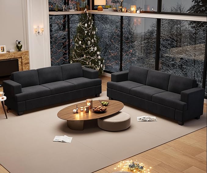 2 Piece Set Comfy Sofa Couch, 2 3-Seater Sofa with Deep Seats, Modern Sleeper Couch for Living Room, Black Corduroy