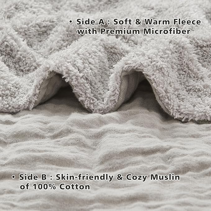 EMME Muslin and Fleece Queen Blanket Reversible - 80"*90" Grey Soft Warm Throw Blankets for Couch Bed Picnic Travel Bed