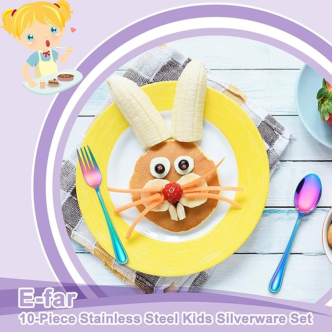E-far 10-Piece Rainbow Toddler Utensils, Kid Stainless Steel Silverware Set, Children Safe Forks and Spoons Set for Self Feeding, Healthy & Non-Toxic, Mirror Polished & Easy to Clean