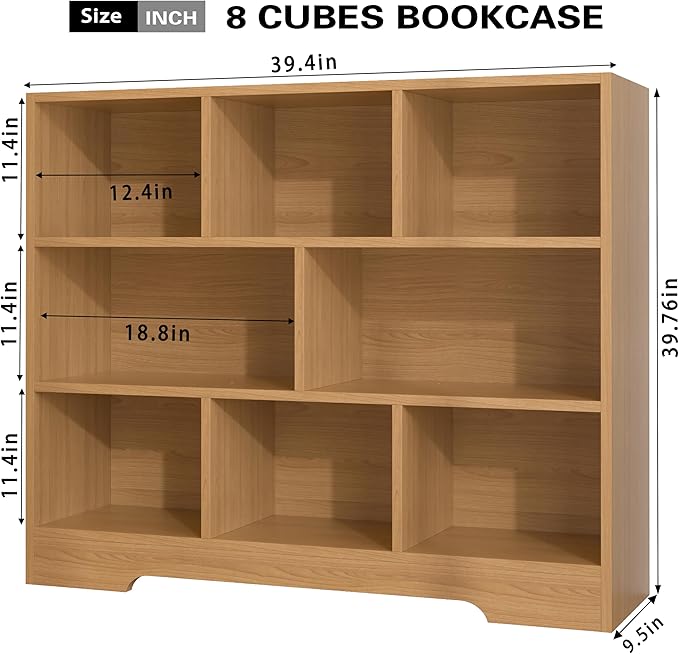 Book Shelf, 8 Cubes Storage Organizer, 3-Tier Open Shelf Wooden Bookcase, Freestanding Log Bookshelf Cube Shelf for Bedroom, Living Room, Home Office