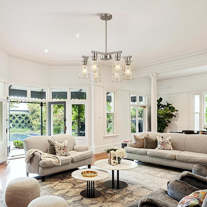 6-Light Modern Farmhouse Brushed Nickel Chandelier, Dining Room Light Fixture Over Table Adjustable Height Hanging Industrial Pendant Lights Kitchen Island, Clear Glass Shade