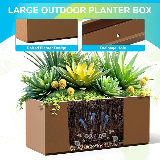 FENCY Large Metal Planter, Large Rectangular Planters for Outdoor Plants, Tall Outdoor Planters for Porch Patio, 38" L x 15" W x 16.3" H Brown Metal Planter with Drainage Hole