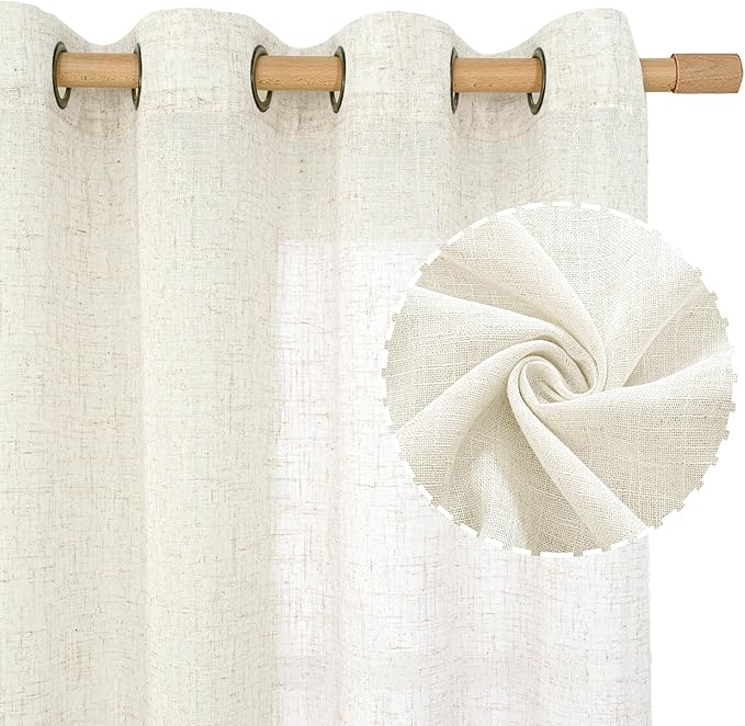 LAMIT Linen Curtains 108 Inches Long for Living Room, Bronze Grommet Linen Textured Sheer Curtains Light Filtering Panels for Boho Farmhouse, 2 Panels, 52 x 108 Inch, Cream