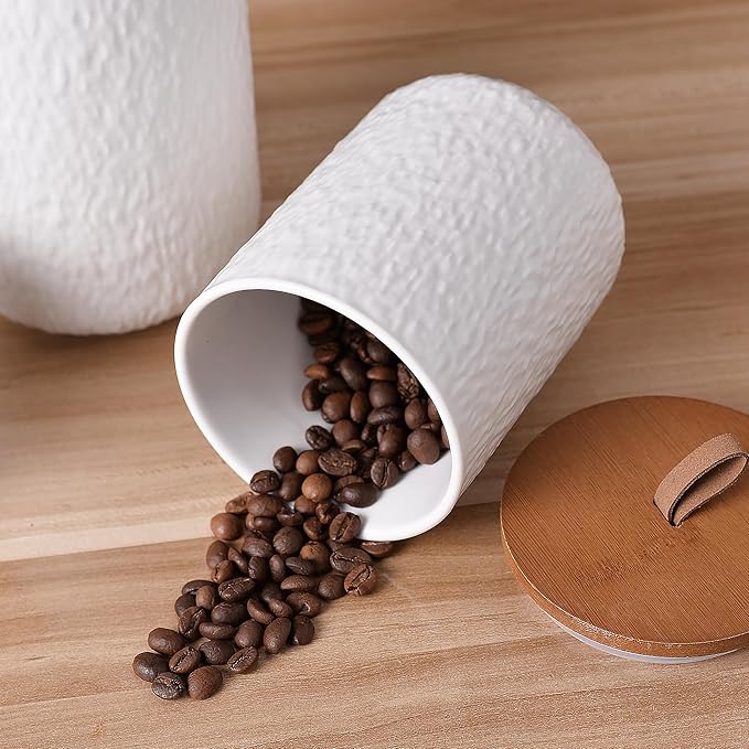 JOJUNO White Ceramic Canister Set with Wooden Lid, 3-Piece Airtight Food Storage Jars for Kitchen Counter - Flour, Sugar, Coffee, Tea, Spice - Small, Medium, Large Sizes - Stone Texture