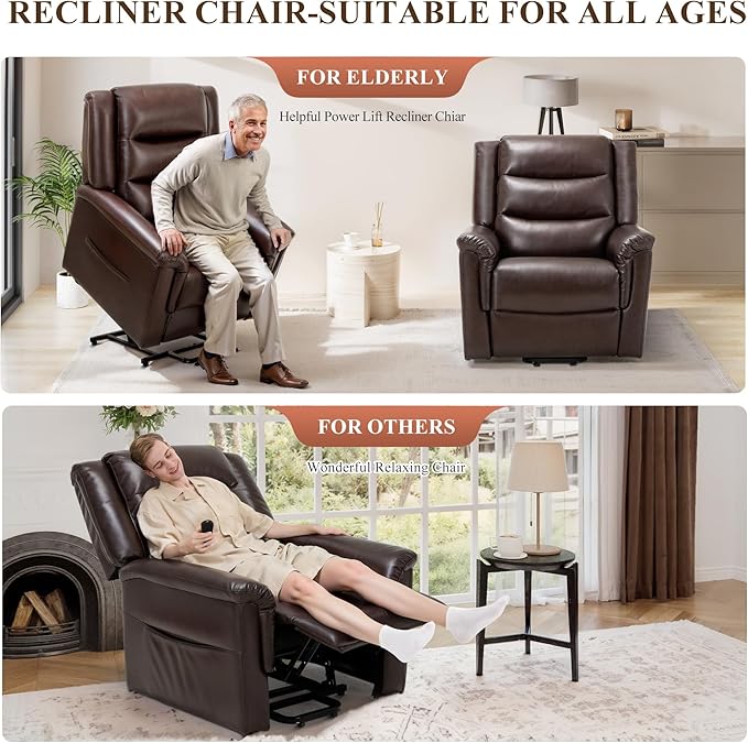 COLAMY PU Leather Electric Power Lift Chair,Lift Recliner Chair with Thick Cushioned Padding Backrest for Living Room, Office, Bedroom （Darkbrown）