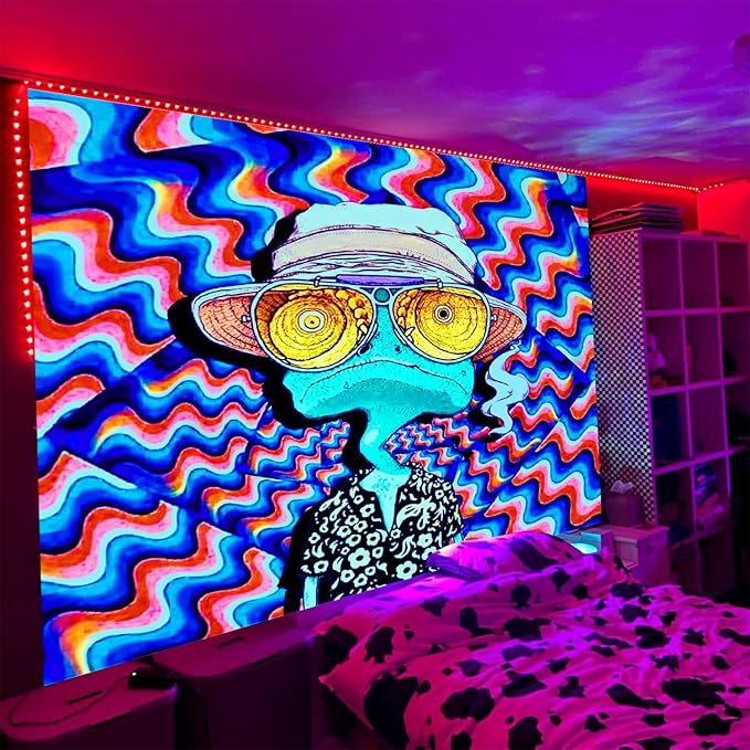 ADDWel Blacklight Frog Tapestry, Hippie Alien Tapestry Glow In The Dark, UV Reactive Black Light Upright Posters Wall Hanging for Bedroom Dorm Living Room Backdrop Decor