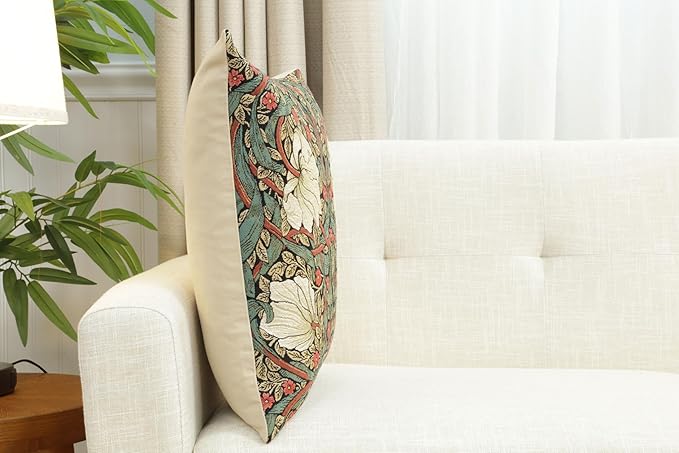 Charlotte Home Furnishings Pimpernel Red Green Floral Throw Pillow Cover 18” x 18” – Double-Sided Tapestry Cushion Cover for Couch, Sofa, or Bed | 100% Cotton Jacquard Woven in Europe