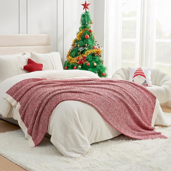 Snuggle Sac Christmas Red Blanket Twin Size, Ultra Soft Warm Fuzzy Knit Blanket Throws Dupes for Couch,Sofa, Bed, Heather Red, 60x80 inches