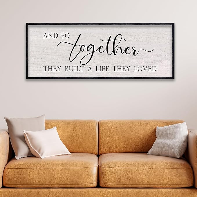 LuZhiQiang And So Together They Built A Life They Loved Sign Wall Decor 40"x15" Large Wood Framed Above Over Bed For Master Bedroom Hanging Wall Art (Black)