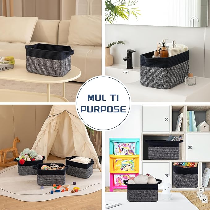 Storage Basket for Organizing, Woven Baskets for Storage, Rectangle Decorative Baskets for Shleves, Closet, Toys, Books, Nursery Organizer Bins - Pack of 3 (Blue & Black)