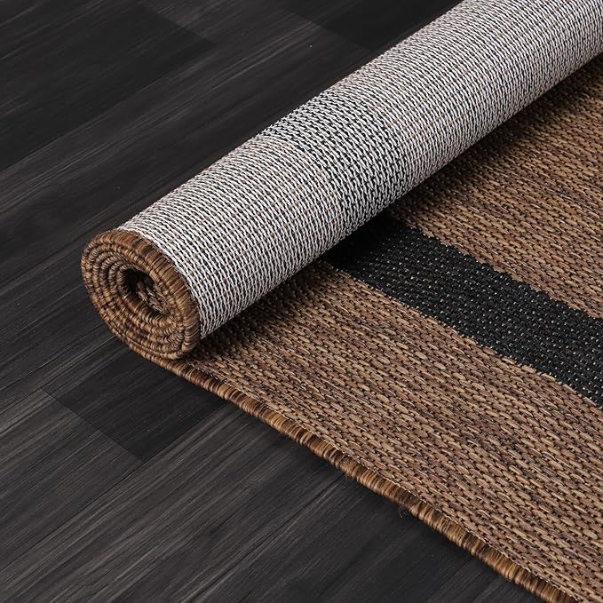 Bordered Outdoor Rug 6x9 Washable Outside Carpet for Indoor Patio Porch Waterproof Easy Cleaning Non Shedding Area Rugs Nut Brown - Black 6 x 9