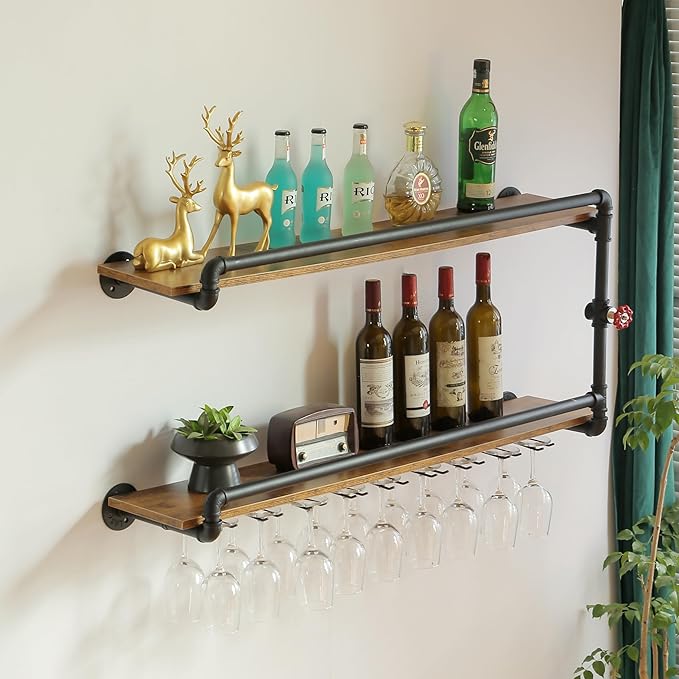 41 Inch Wine Rack Wall Mounted 2 Tier, Hanging Floating Bar Liquor Shelves with Glass Holder Storage Under, Industrial Rustic Pipe Farmhouse Kitchen Decor Black
