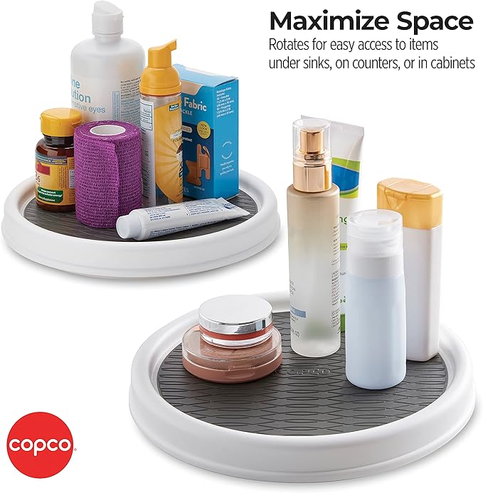 Copco 9 Inch Non Skid Pantry Cabinet Lazy Susan Turntable, Set of 2, Spinning Organizer for Kitchen, Countertop, or Bathroom, White and Gray