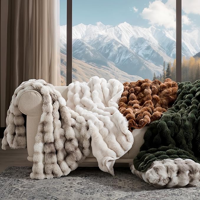 EVERGRACE Ultra Soft Luxury Fluffy Ridgeline Faux Rabbit Fur Throw Blanket, Thick Warm Bubble Throw for Bed, Cozy Plush Reversible Blankets for Couch, Chair, Sofa, Light Grey, 80x90 Inches, 870 GSM