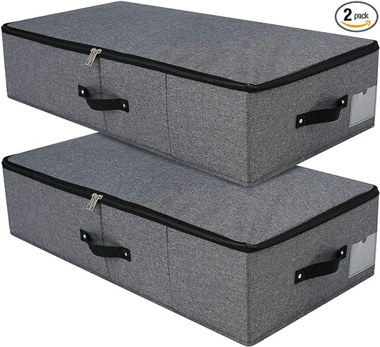 2PCS Foldable Under Bed Storage Box with Plastic Support Liner, Handles, Zipper lid, Blankets Clothes Comforters Storage Bin Organizer for Bedroom and Closet, 29×15×7inch, Black Grey