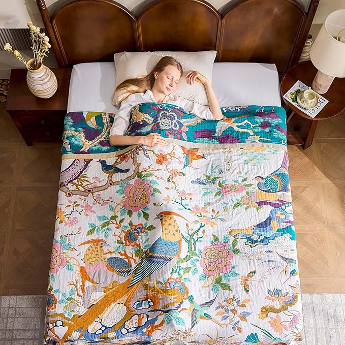 Fall Throw Blanket for Couch, Yellow Boho Decorative Throw Blanket, 100% Cotton Muslin Breathable Woven Farmhouse Blankets Quilt, 90"x98" Reversible Lightweight Blankets Bohemian Throw Quilt