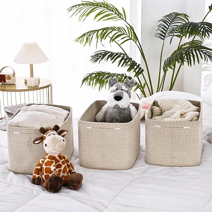3-Pack Shelf Baskets for Organizing, Woven Storage Basket for Shelves, Cotton Rope Storage Bins for Toys Books, Nursery Towel Baskets for Classroom, 14.96"X9.8"X8.85", Brown