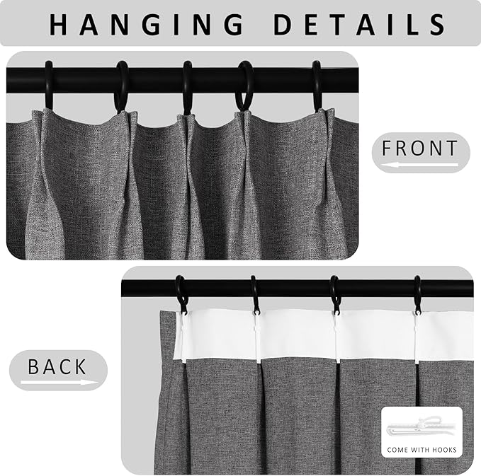 Macochico 120”Wx102”L 100% Blackout Linen Curtains Pinch Pleated Thermal Panels for Sliding Door Bedroom Living Room Farmhouse Shabby Chic Natural Grey Burlap Curtains with Tieback 1 Panel