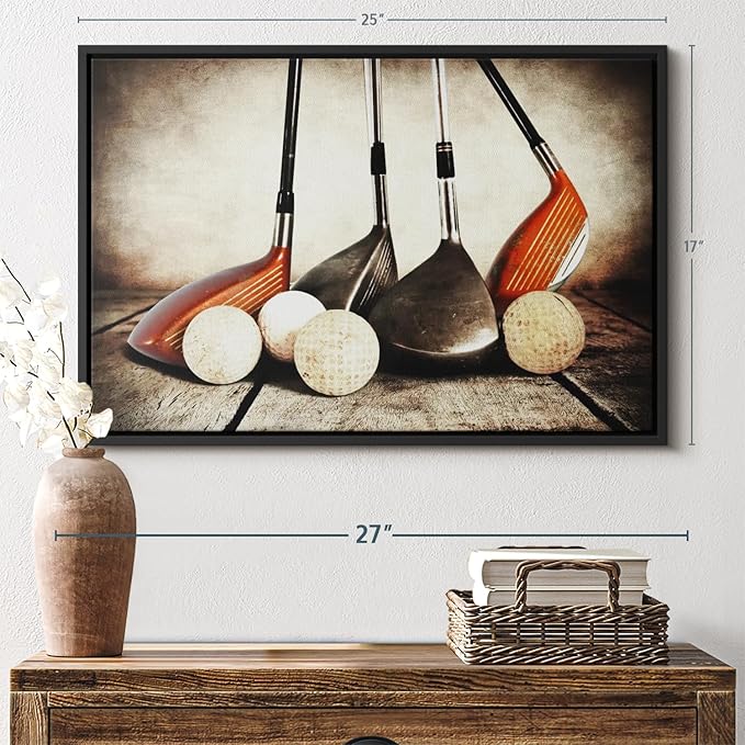 Elephant Stock Golf Sets Wall Art - Horizontal Framed Canvas - 1-Piece Mancave Wall Decor - Photography Sports Canvas Print - Yellow and Brown Decor for Wall - 25" X 17"