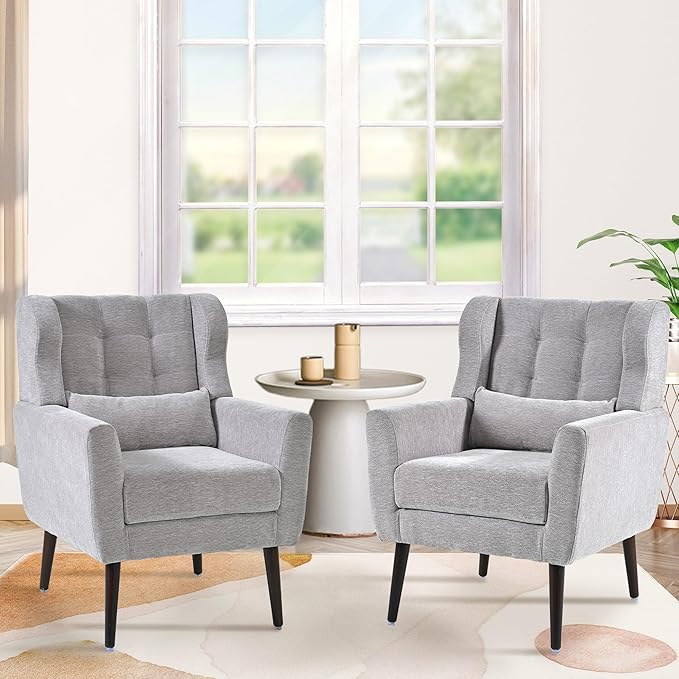 Accent Chair Set of 2, Upholstered Armchair with Pillow, Fabric Single Sofa Chair with Lounge Seat and Wood Legs Accent Chair for Living Room Small Spaces (Grey, Set of 2)