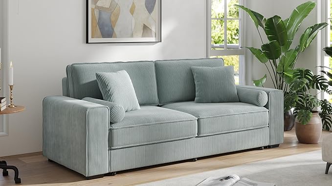 91-Inch Corduroy Pull Out Couch with Storage, Convertible Queen Sleeper Sofa with Pull Out Bed, Hide a Bed Couches for Bedroom, Guest Room, Apartment, Small Places, RV (Sage Green)
