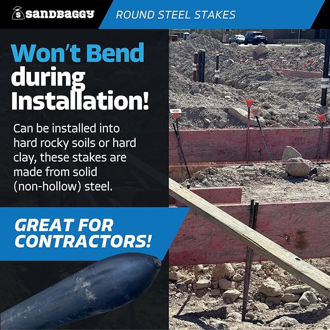 Sandbaggy Round Steel Concrete Form Stakes with Nail Holes - Rust Resistant Coating - Removable, Reusable (25, 3/4 in X 48 in)