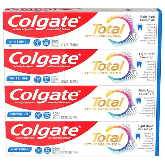 Colgate Total Active Prevention Whitening Gel Toothpaste with Fluoride, Bulk with Clinically Proven Formula That Fights Plaque Bacteria, Mint, 4 Pack, 5.1 oz