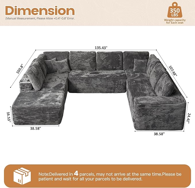 Cloud Sectional Couches for Living Room,U Shaped Modular Sofas No Assembly,135x100 Inches Plush Corduroy Oversized Floor Couch Set with Deep Seat Chaise,Grey