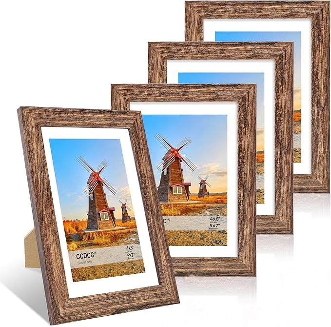 5x7 Picture Frame Set of 4, 5 x 7 Wood Photo Frames with Mat for 4x6, Natural Wooden Frame with Real Glass Cover for Wall and Tabletop Display,Rustic Brown